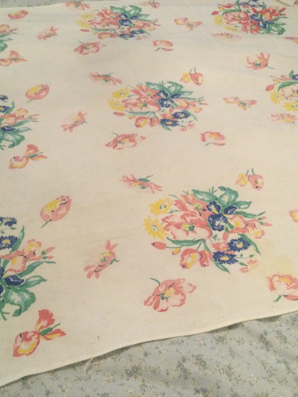 Vintage Floral Tablecloth White w Pinks Blues, Yellow 48”x54”